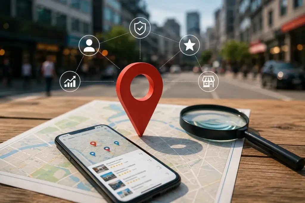 A map, a phone showing Google Maps business listings and a magnifying glass on a desk, with a location pin at the center