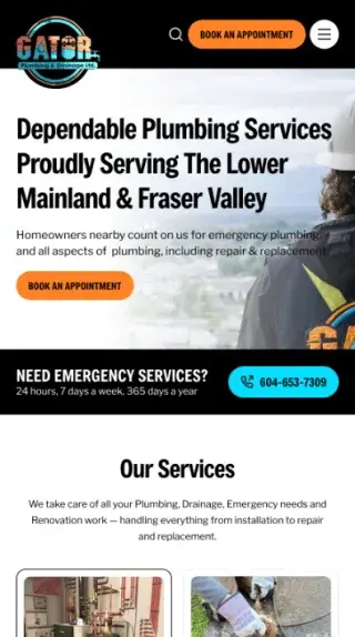 Gator Plumbing website on mobile