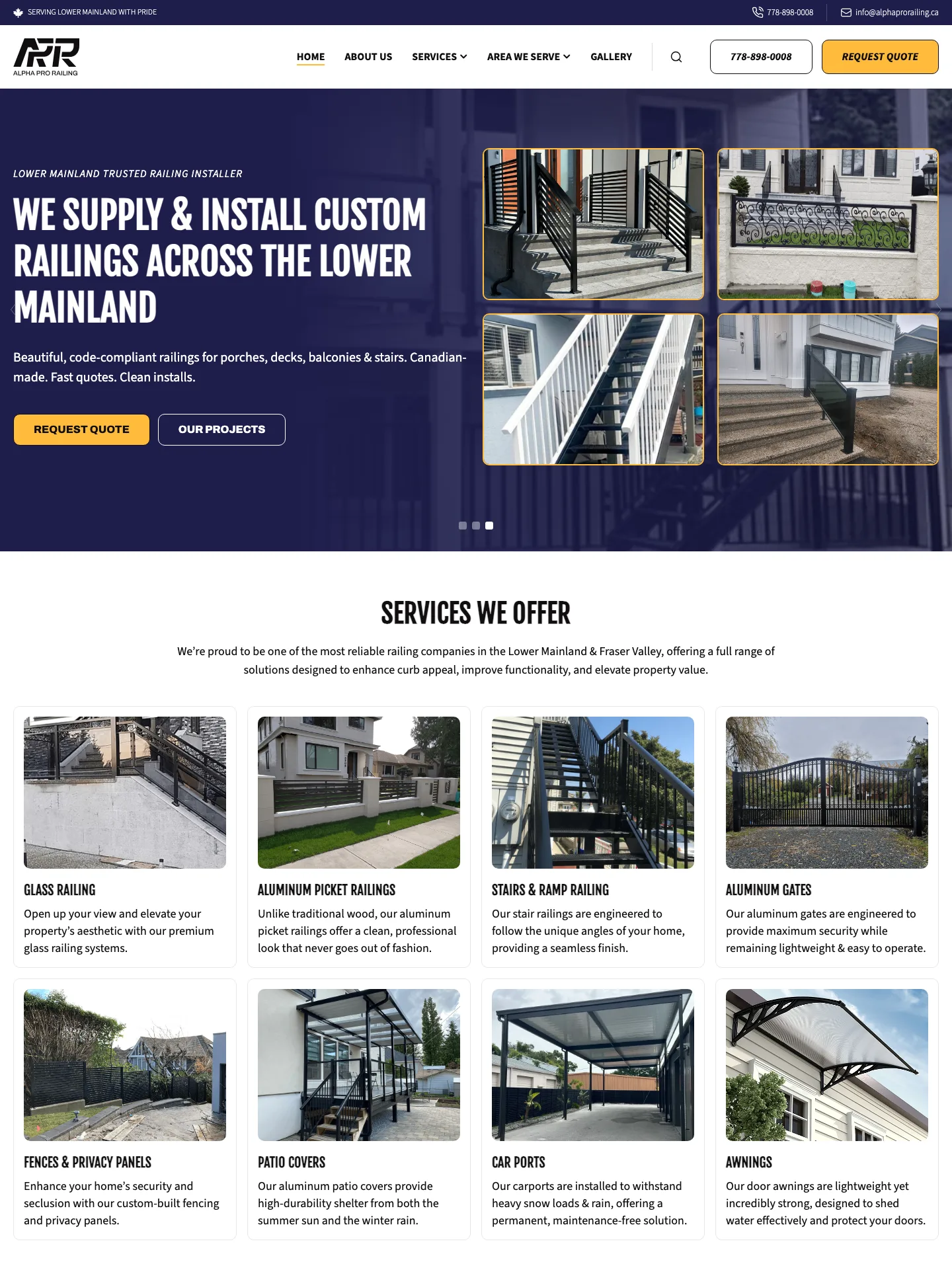 Alpha Pro Railing website on desktop